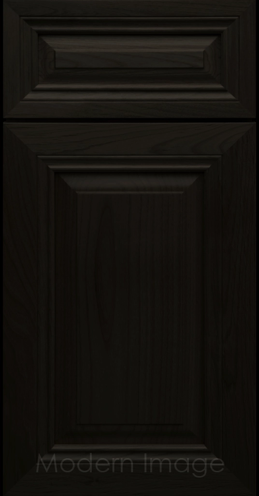 Close-up of a Onyx-stained wood cabinet door with a mitered frame and traditional Cambridge raised center panel.